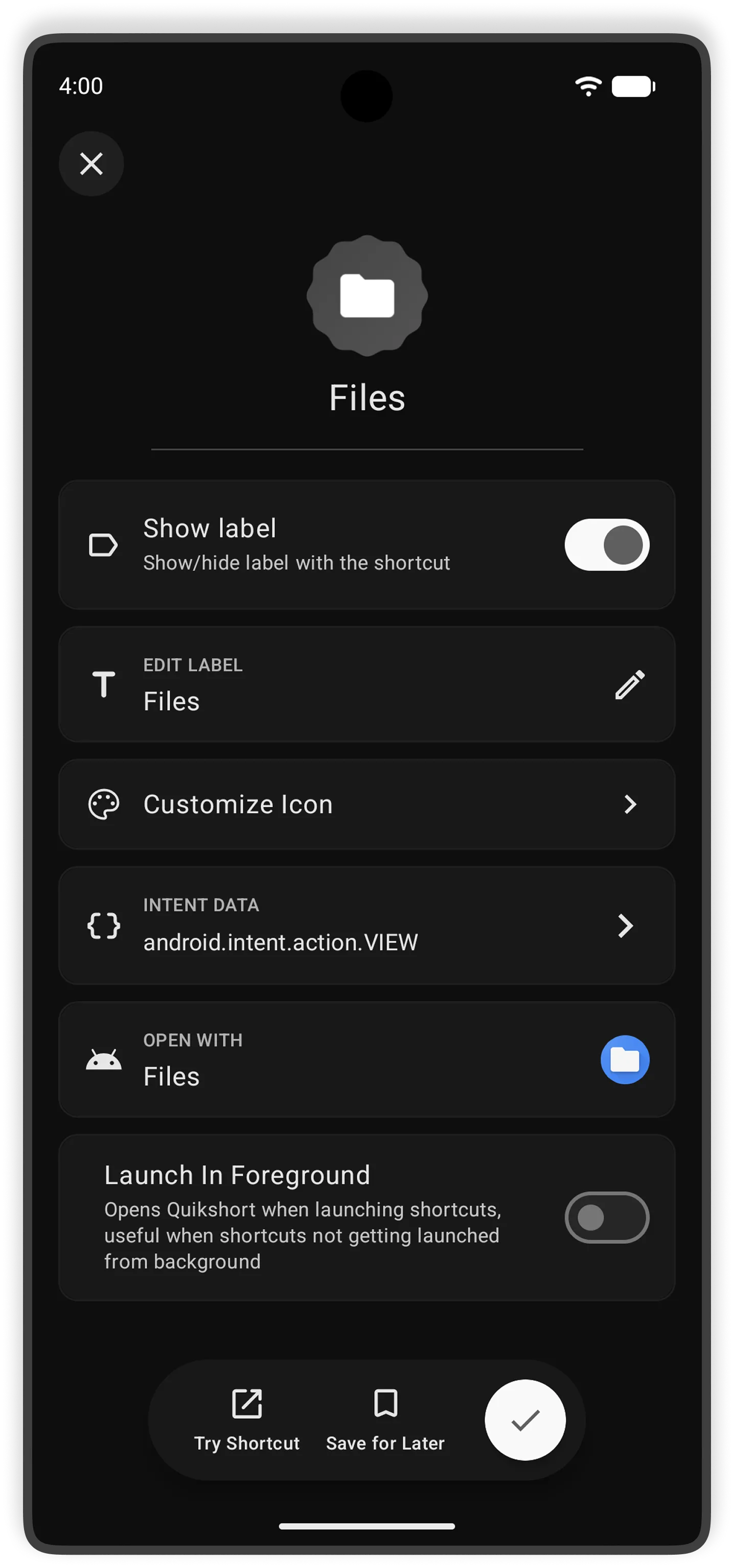 Shortcut edit screen