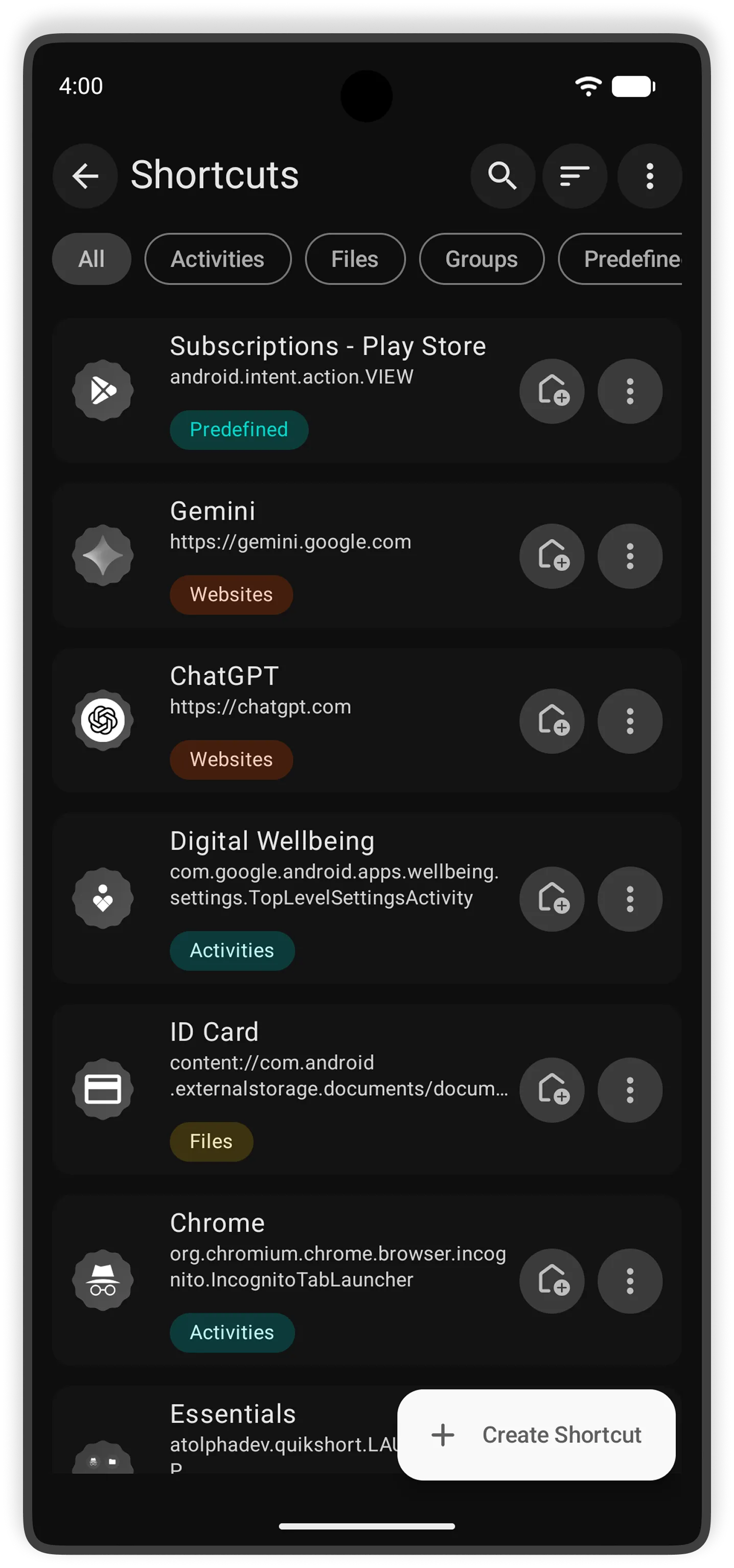 Shortcuts list