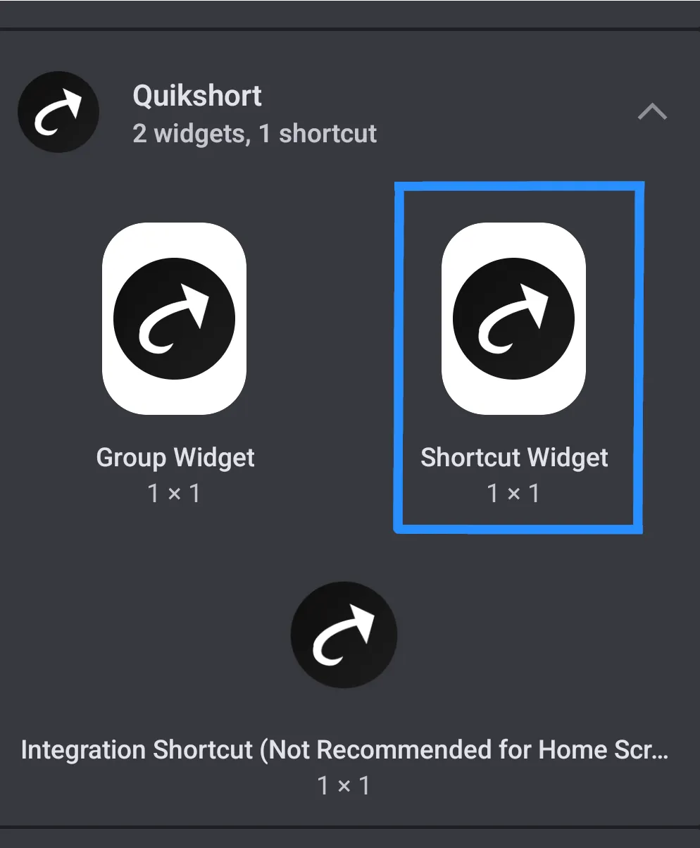 Shortcut Widget in the widgets panel