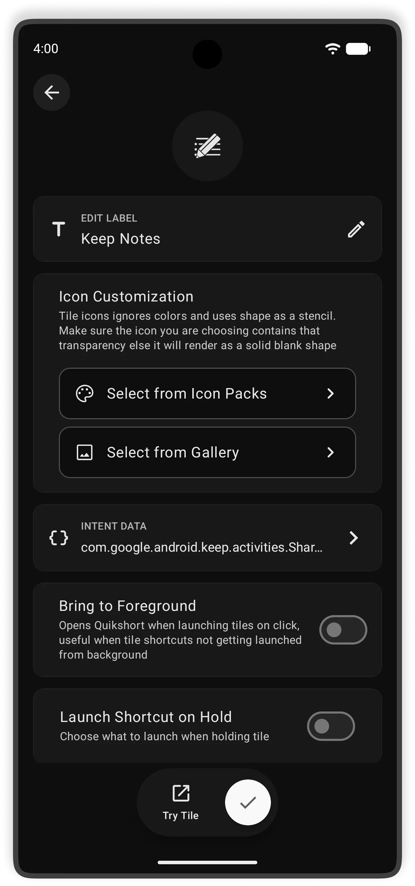 Tile edit screen